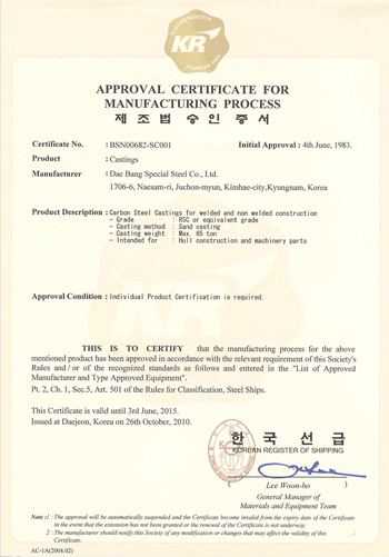 Manufacturer Certificate of KR